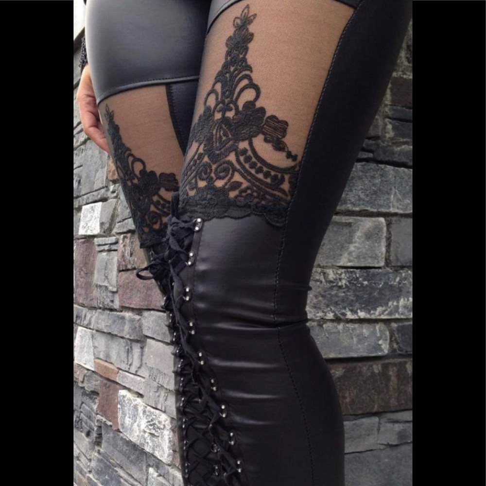 New laced, lace faux leather leggings.